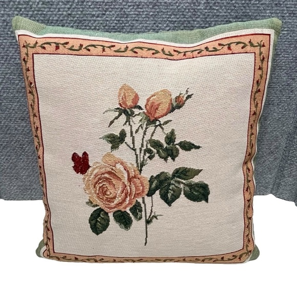 Pair of Vintage Rose Double-Sided Tapestry Pillows 13” x 13.5” - Picture 5 of 11